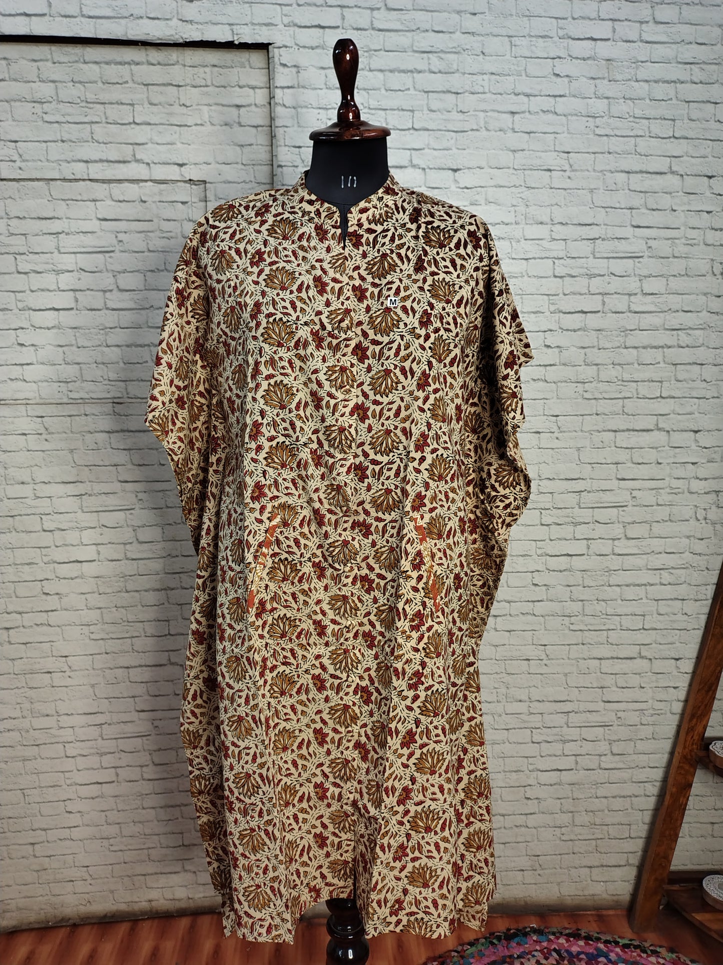 White Red Kalamkari High Low Hand Block Printed Midi Cotton Shirt Kaftan