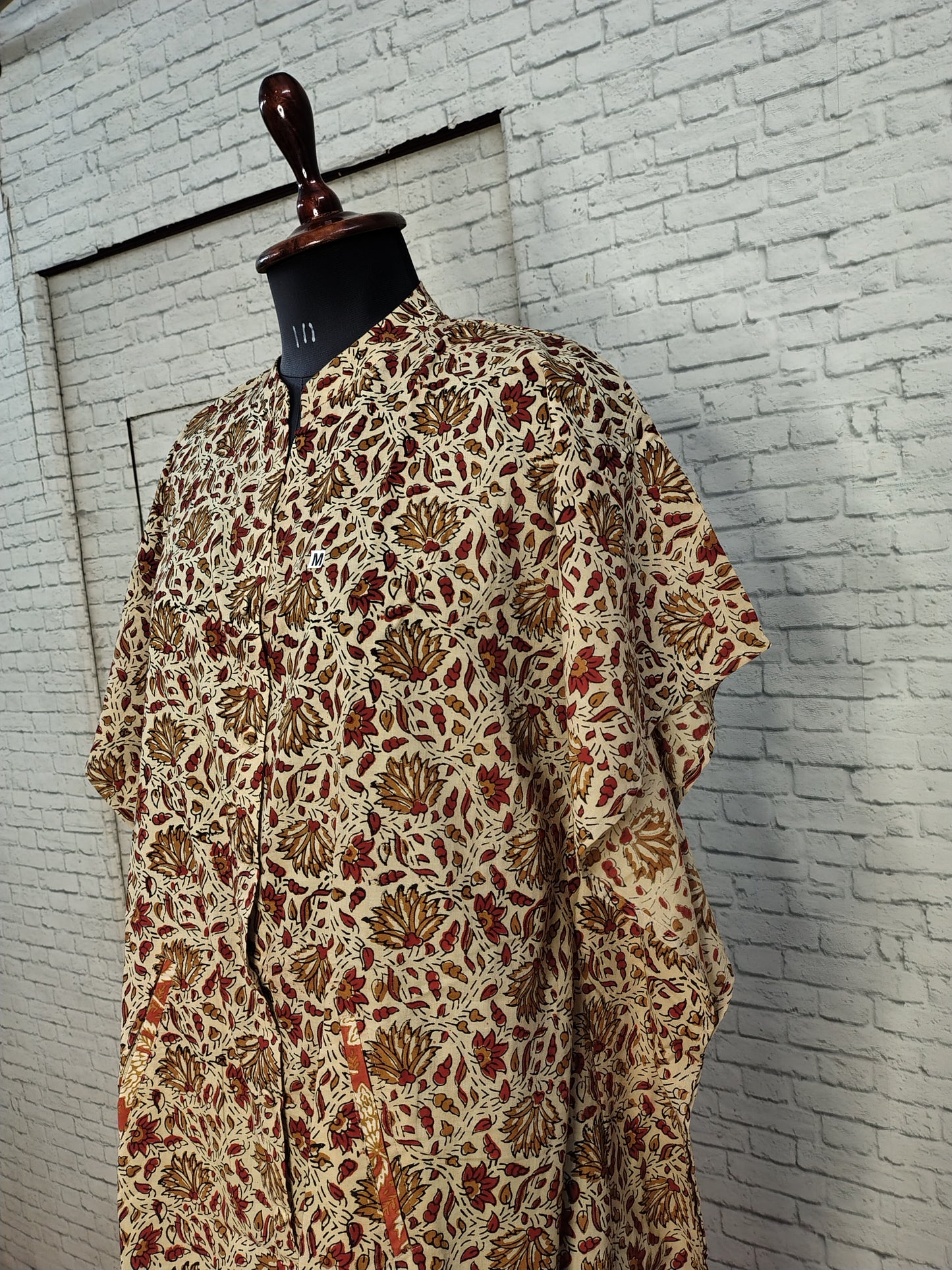 White Red Kalamkari High Low Hand Block Printed Midi Cotton Shirt Kaftan