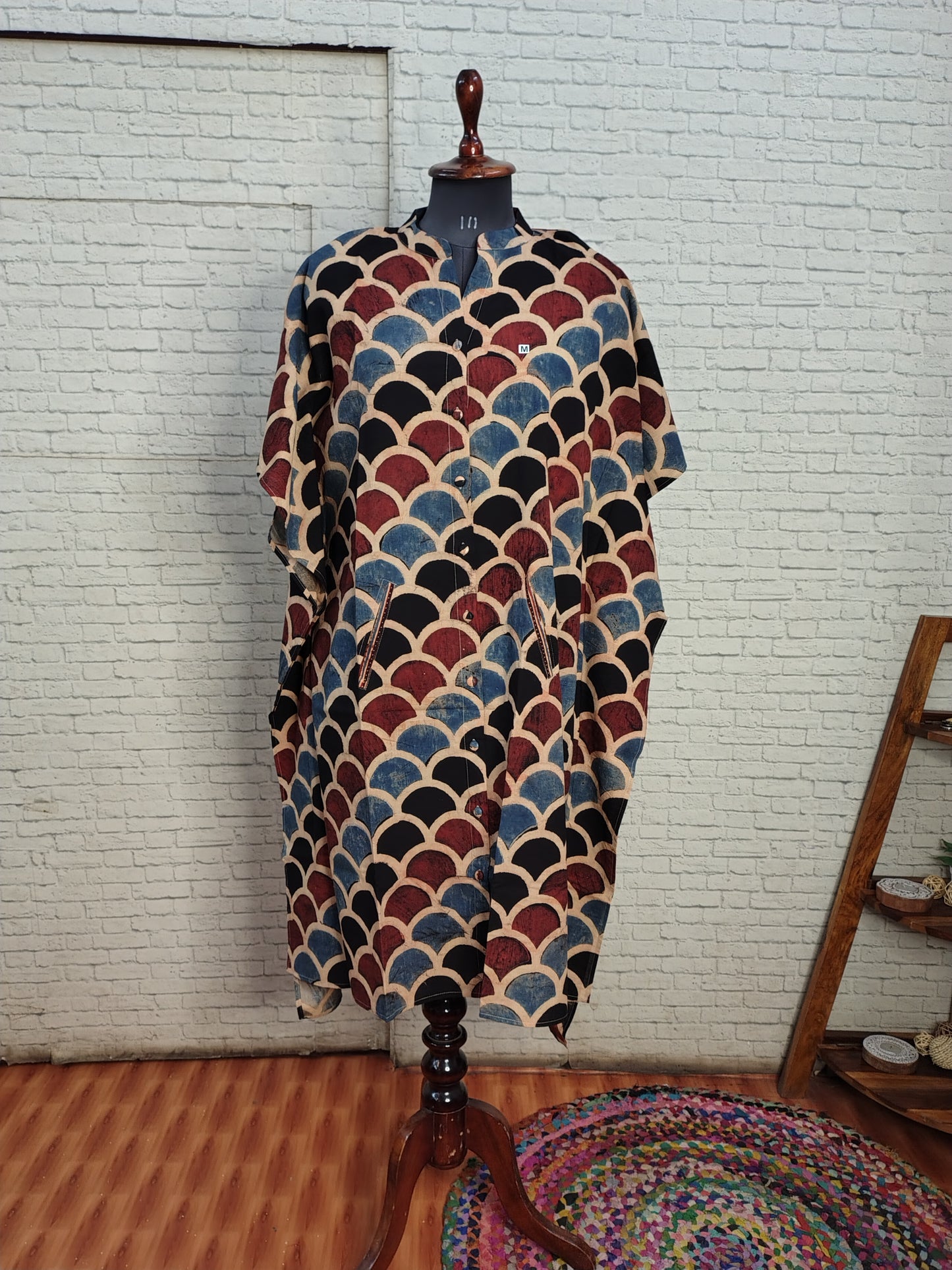 Black Fishscale Ajrakh High Low Midi Cotton Shirt Kaftan