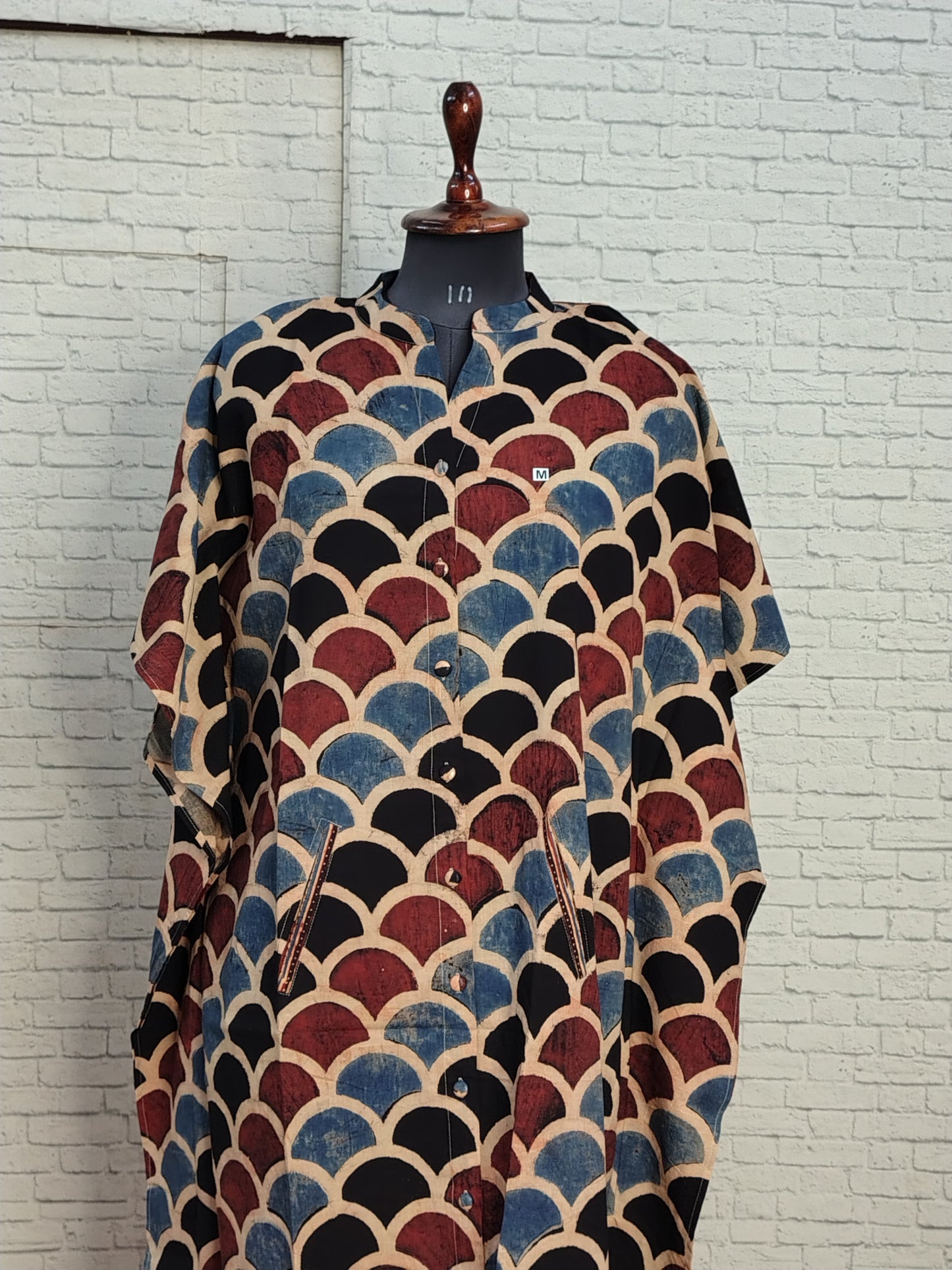 Black Fishscale Ajrakh High Low Midi Cotton Shirt Kaftan