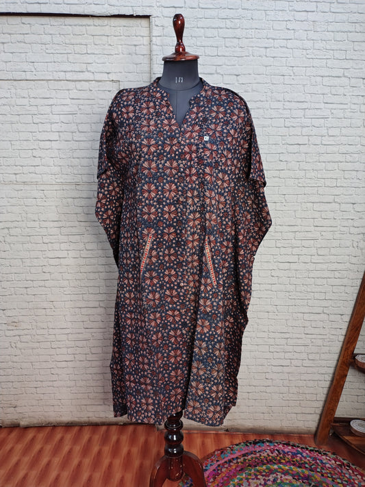 Indigo Red Star Ajrakh High Low Midi Cotton Shirt Kaftan