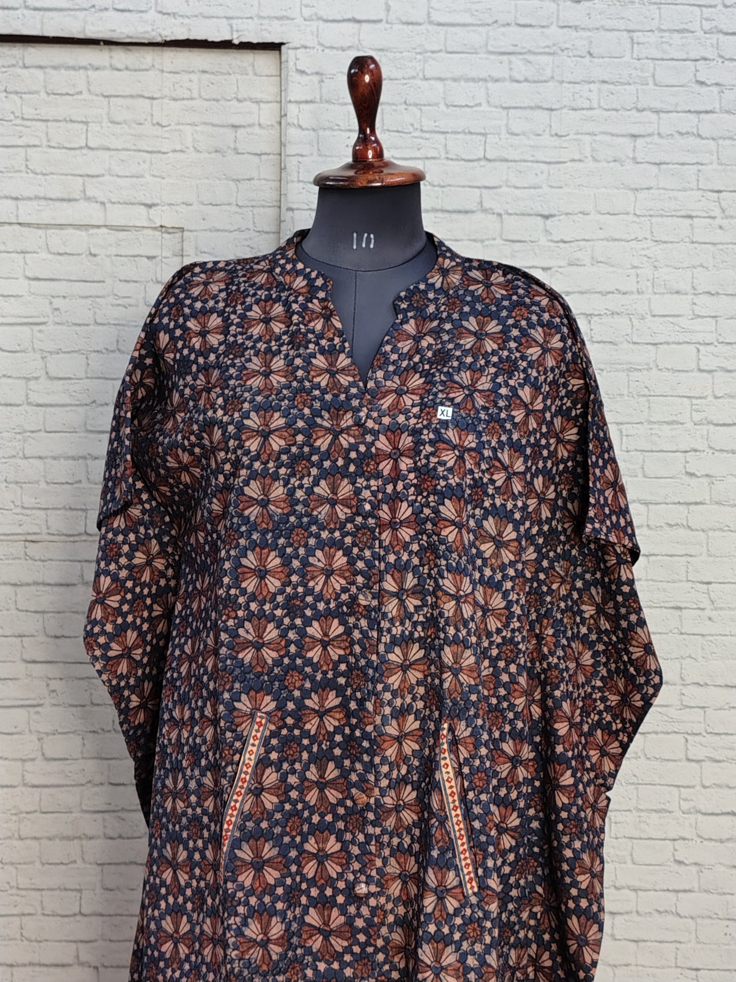 Indigo Red Star Ajrakh High Low Midi Cotton Shirt Kaftan