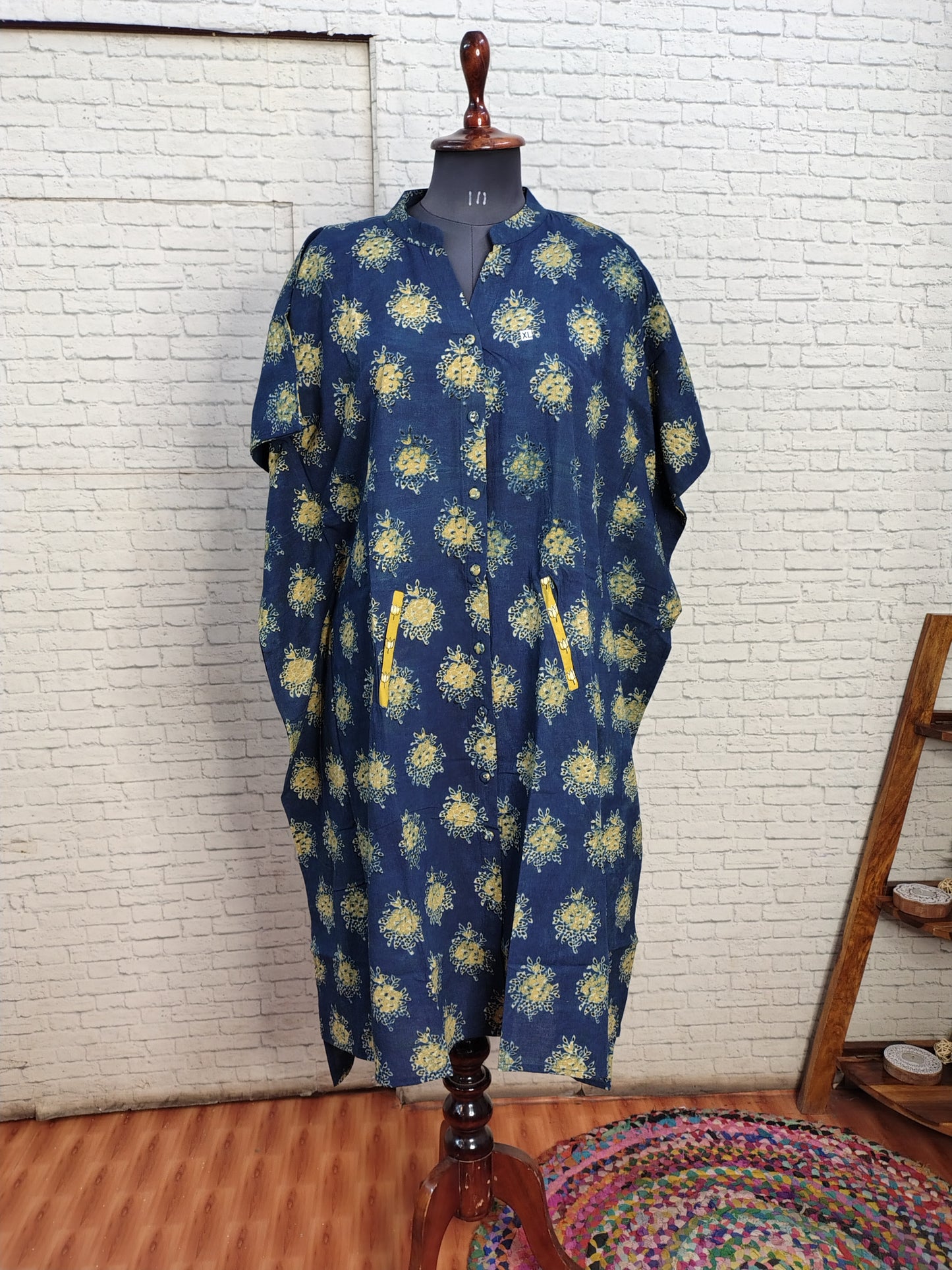 Indigo Green Ajrakh High Low Midi Cotton Shirt Kaftan
