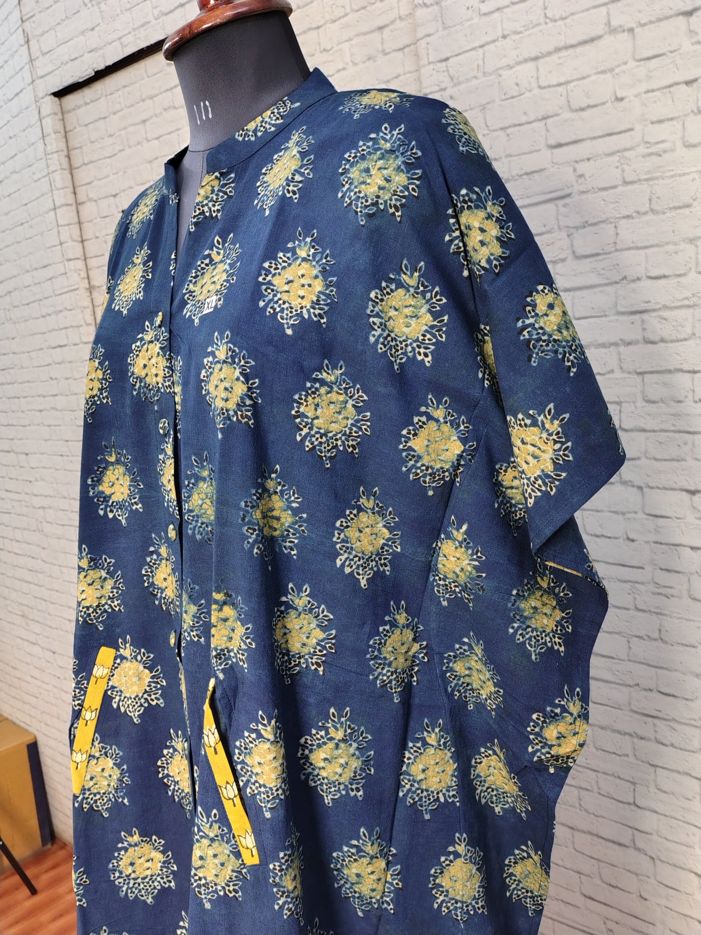 Indigo Green Ajrakh High Low Midi Cotton Shirt Kaftan