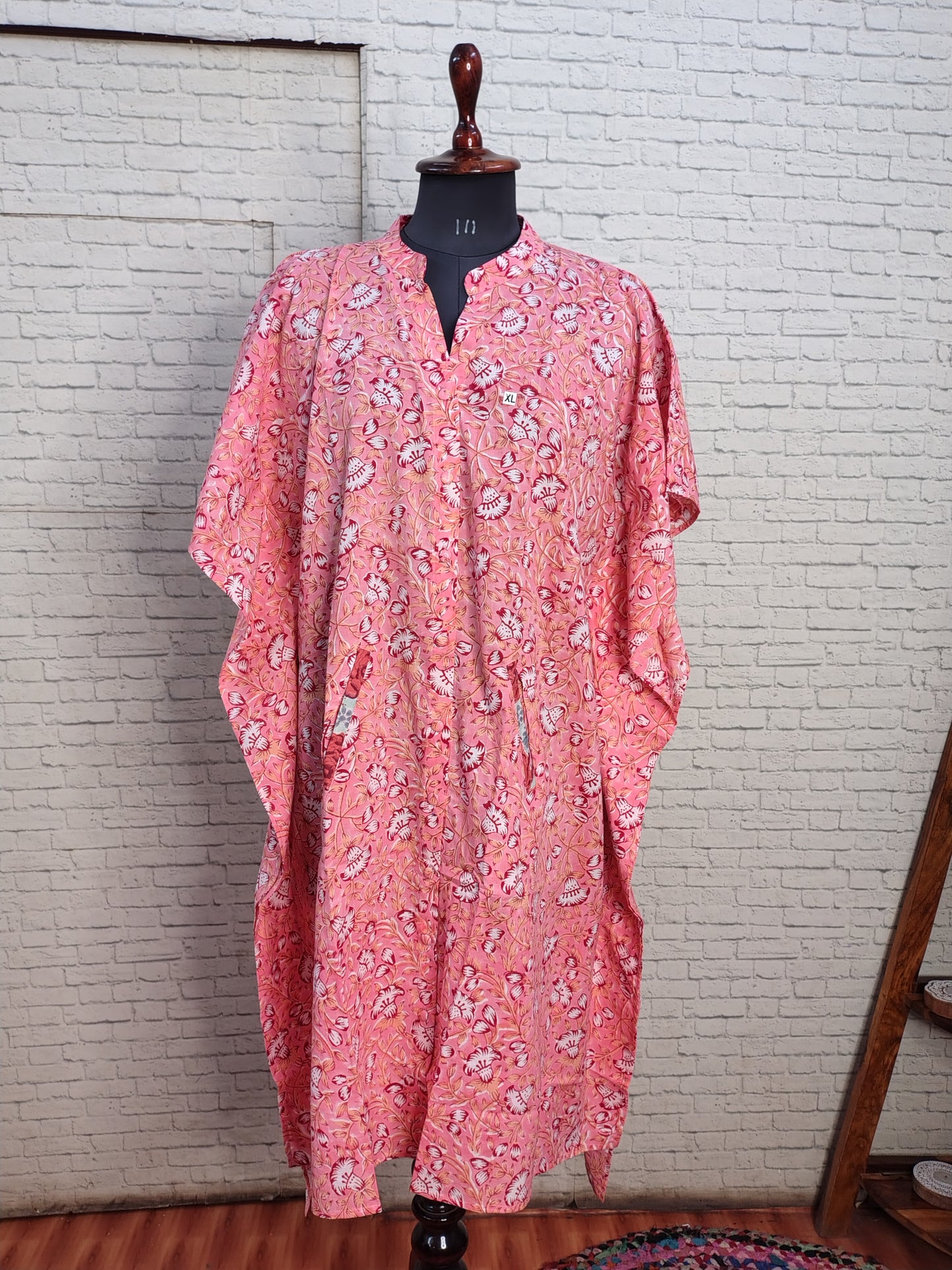 Pink Red Floral High Low Hand Block Printed Midi Cotton Shirt Kaftan
