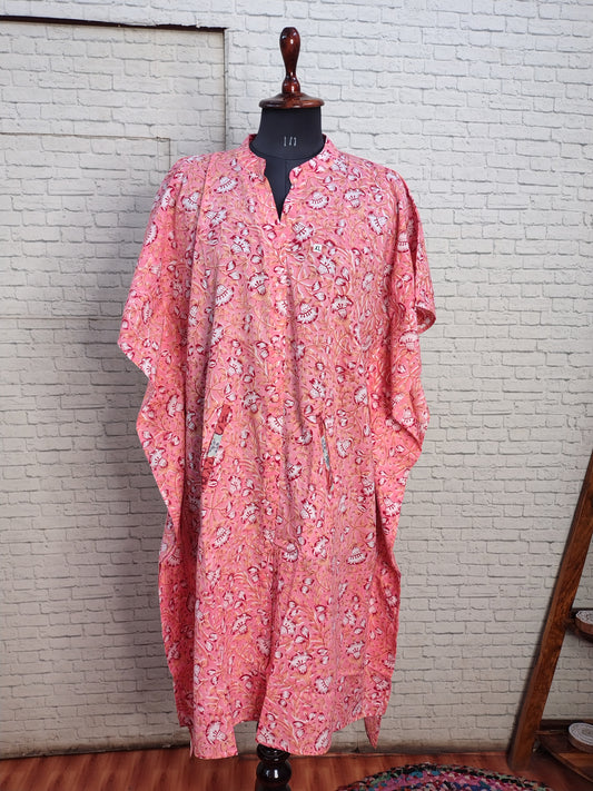 Pink Red Floral High Low Hand Block Printed Midi Cotton Shirt Kaftan
