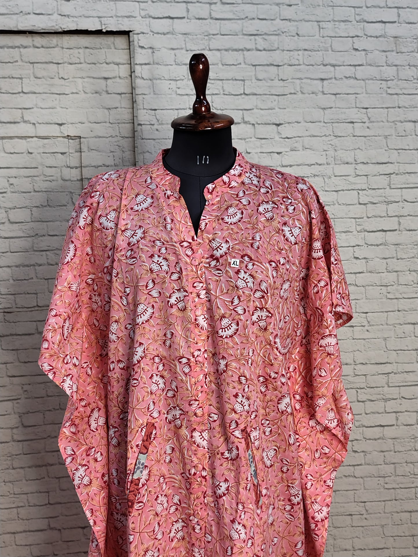 Pink Red Floral High Low Hand Block Printed Midi Cotton Shirt Kaftan