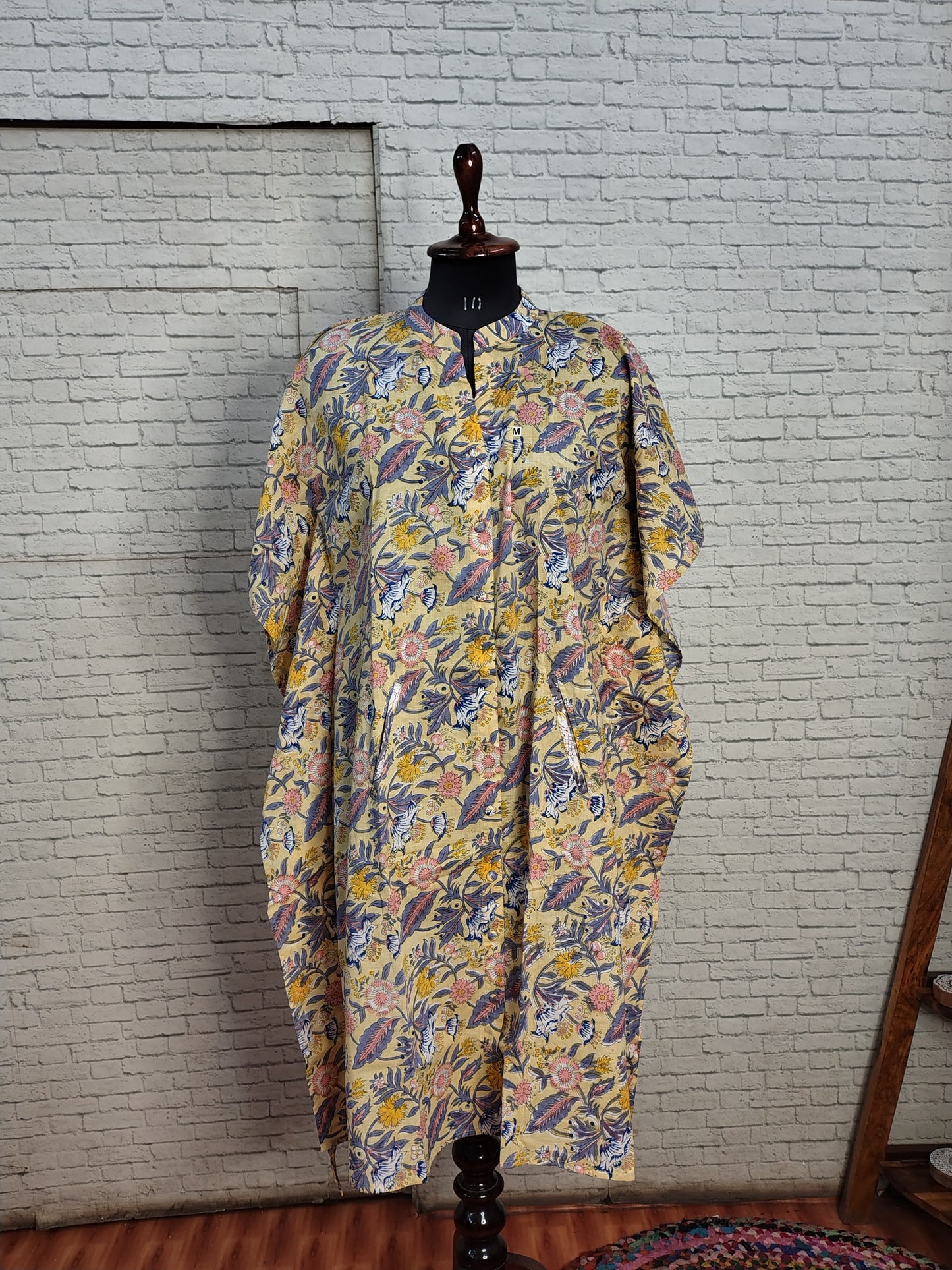 Yellow Peach Floral High Low Hand Block Printed Midi Cotton Shirt Kaftan