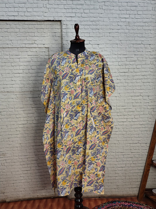 Yellow Peach Floral High Low Hand Block Printed Midi Cotton Shirt Kaftan