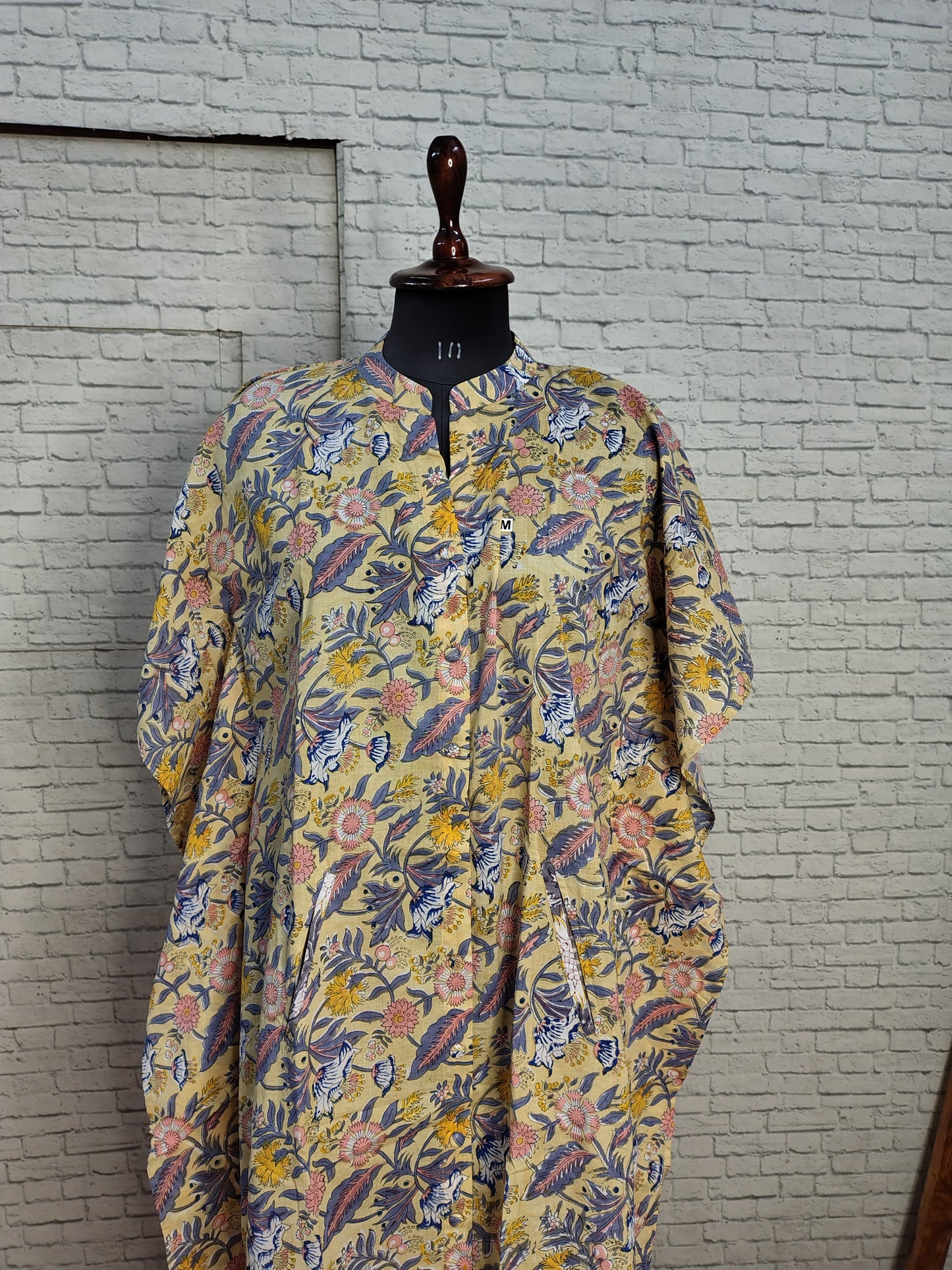 Yellow Peach Floral High Low Hand Block Printed Midi Cotton Shirt Kaftan