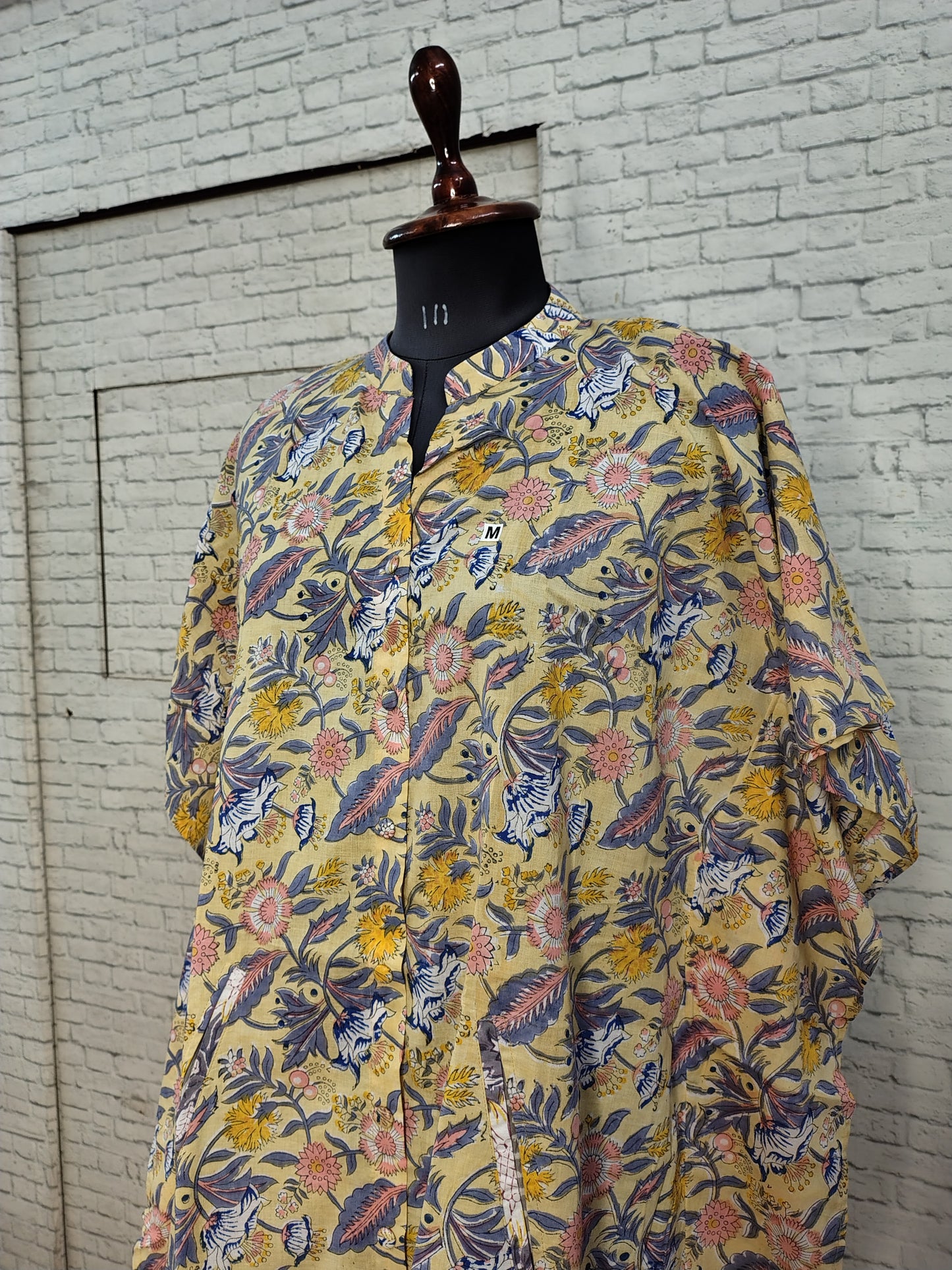 Yellow Peach Floral High Low Hand Block Printed Midi Cotton Shirt Kaftan