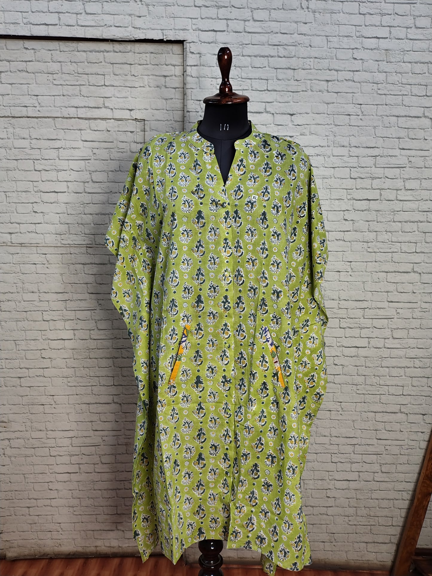 Green Yellow High Low Hand Block Printed Midi Cotton Shirt Kaftan