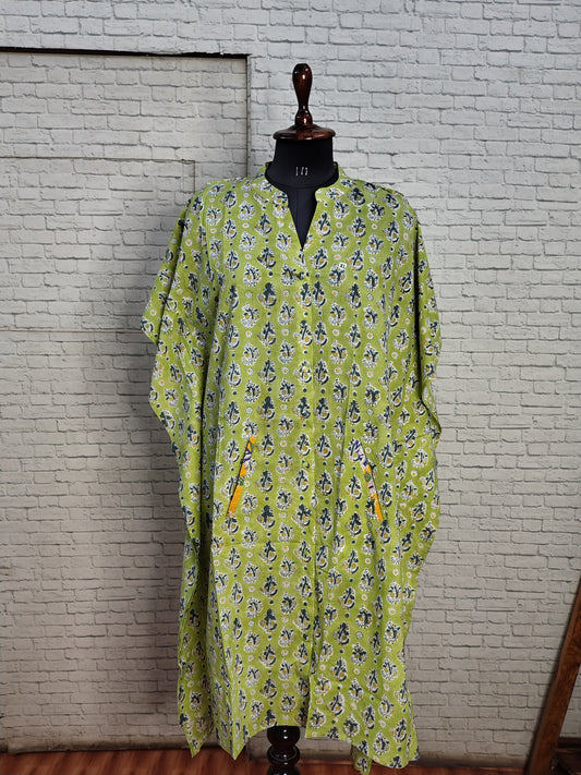 Green Yellow High Low Hand Block Printed Midi Cotton Shirt Kaftan