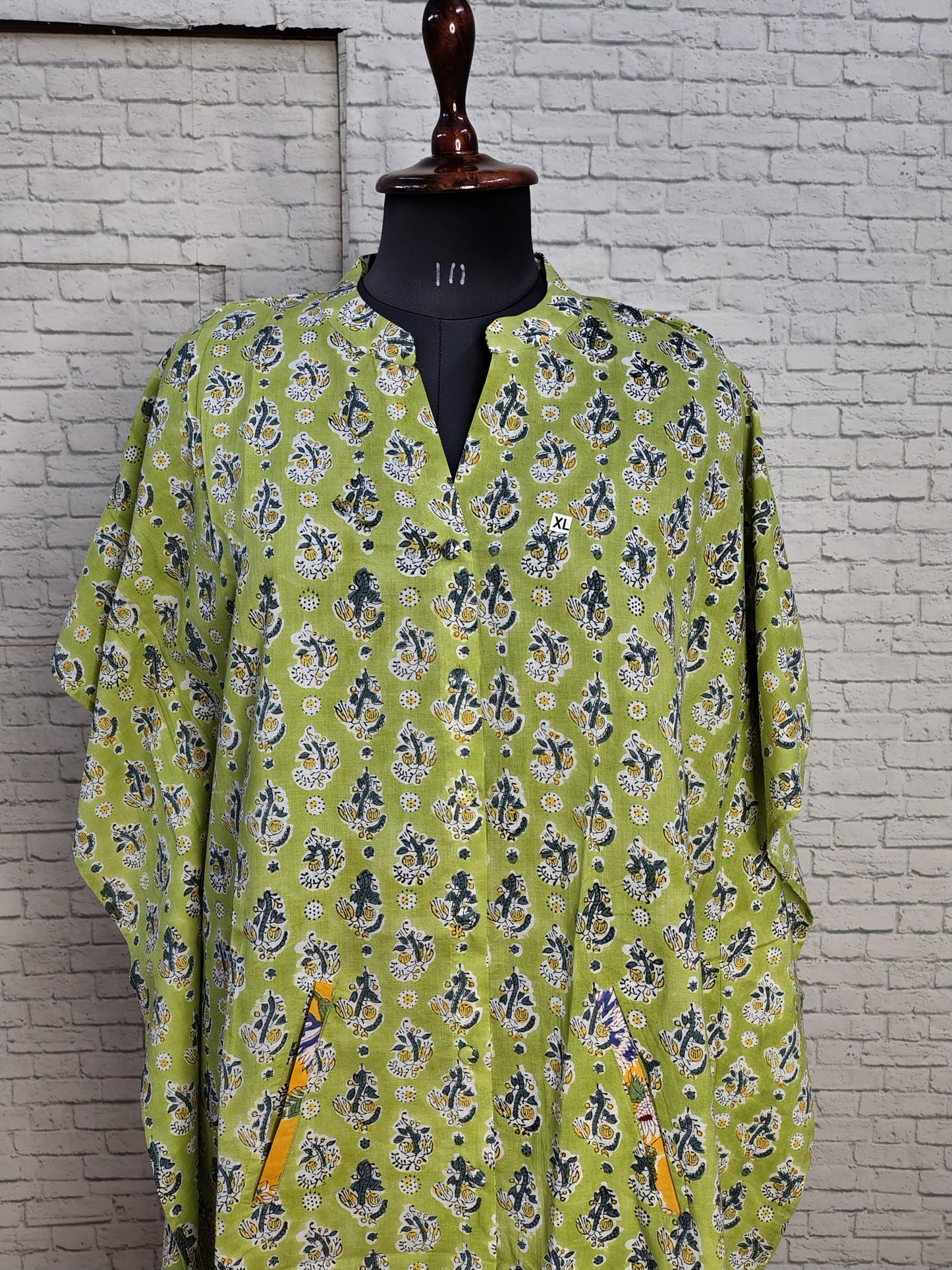 Green Yellow High Low Hand Block Printed Midi Cotton Shirt Kaftan