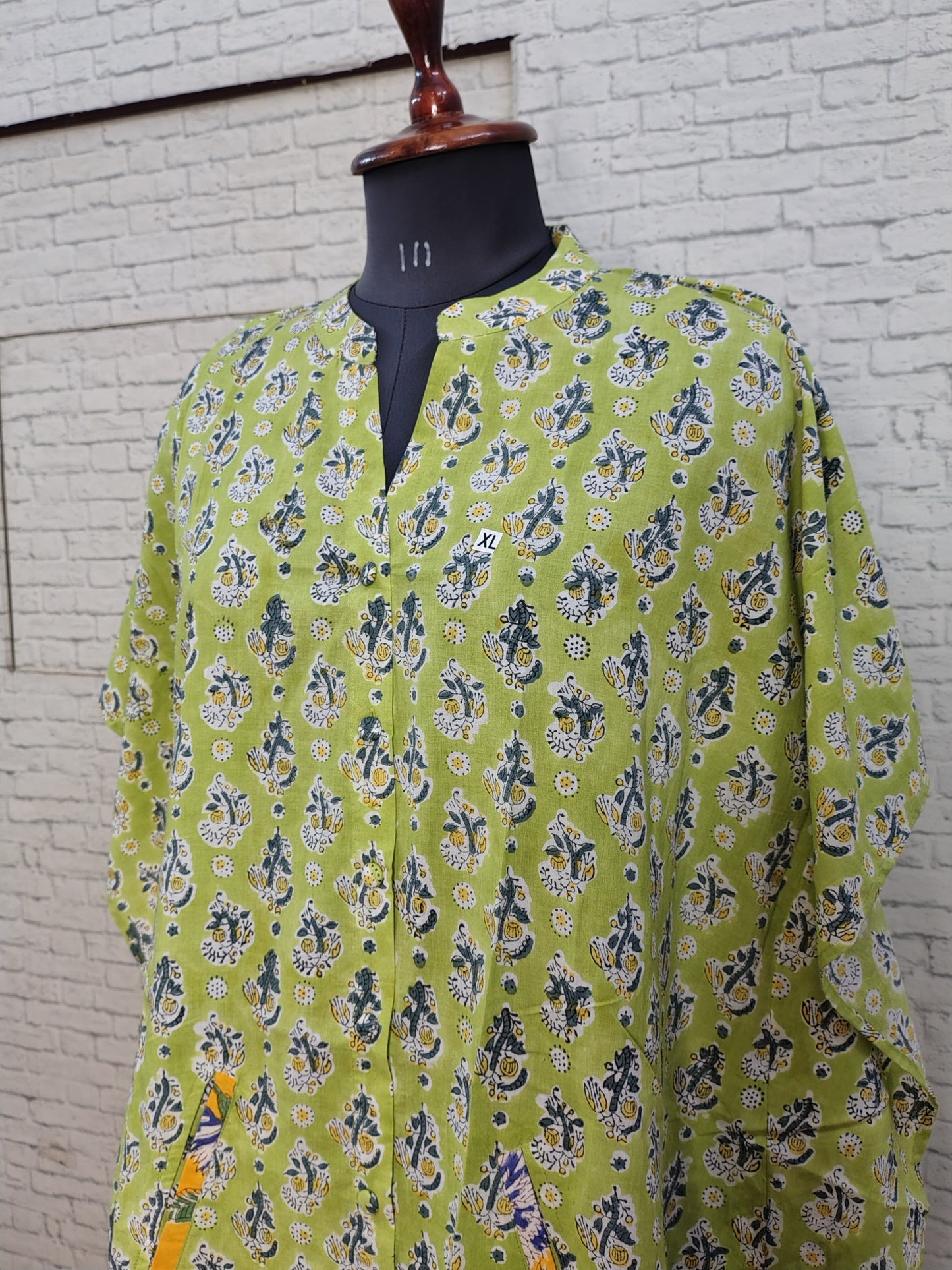 Green Yellow High Low Hand Block Printed Midi Cotton Shirt Kaftan