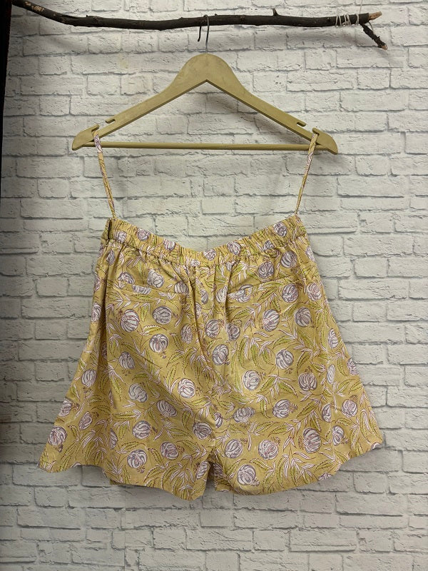 Lemon Yellow Floral Hand Block Printed Skorts