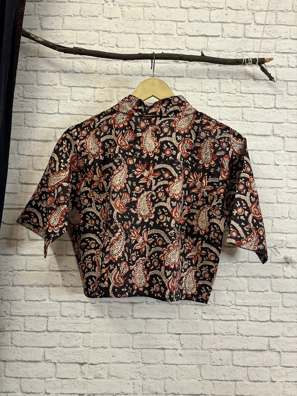 Black Kalamkari Hand Block Printed Crop Top Shirt Blouse