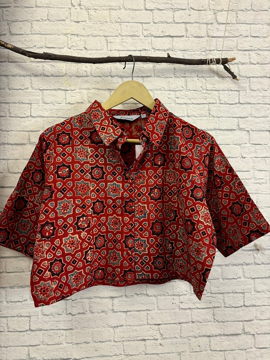 Red Ajrakh Hand Block Printed Crop Top Shirt Blouse