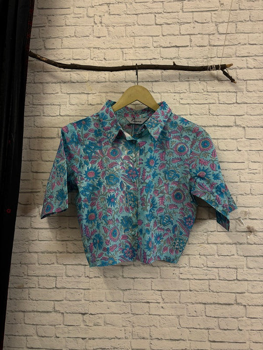 Blue Pink Floral Hand Block Printed Crop Top Shirt Blouse