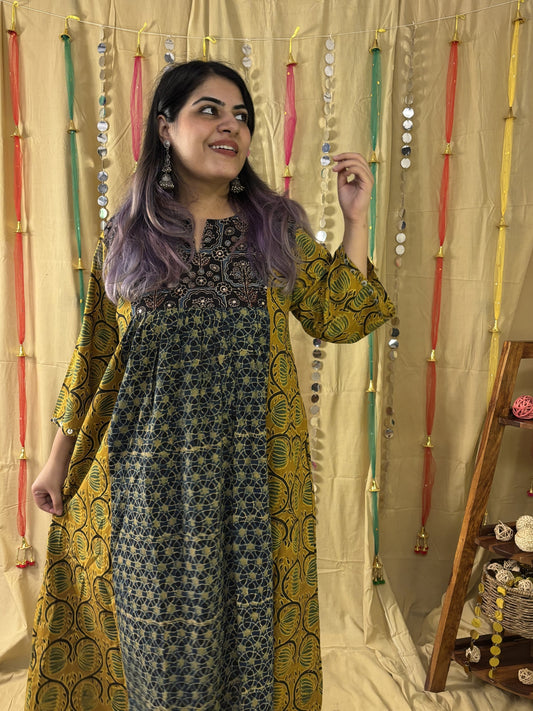 Samaira Ajrakh Midi Dress with Hand Embroidery Detailing