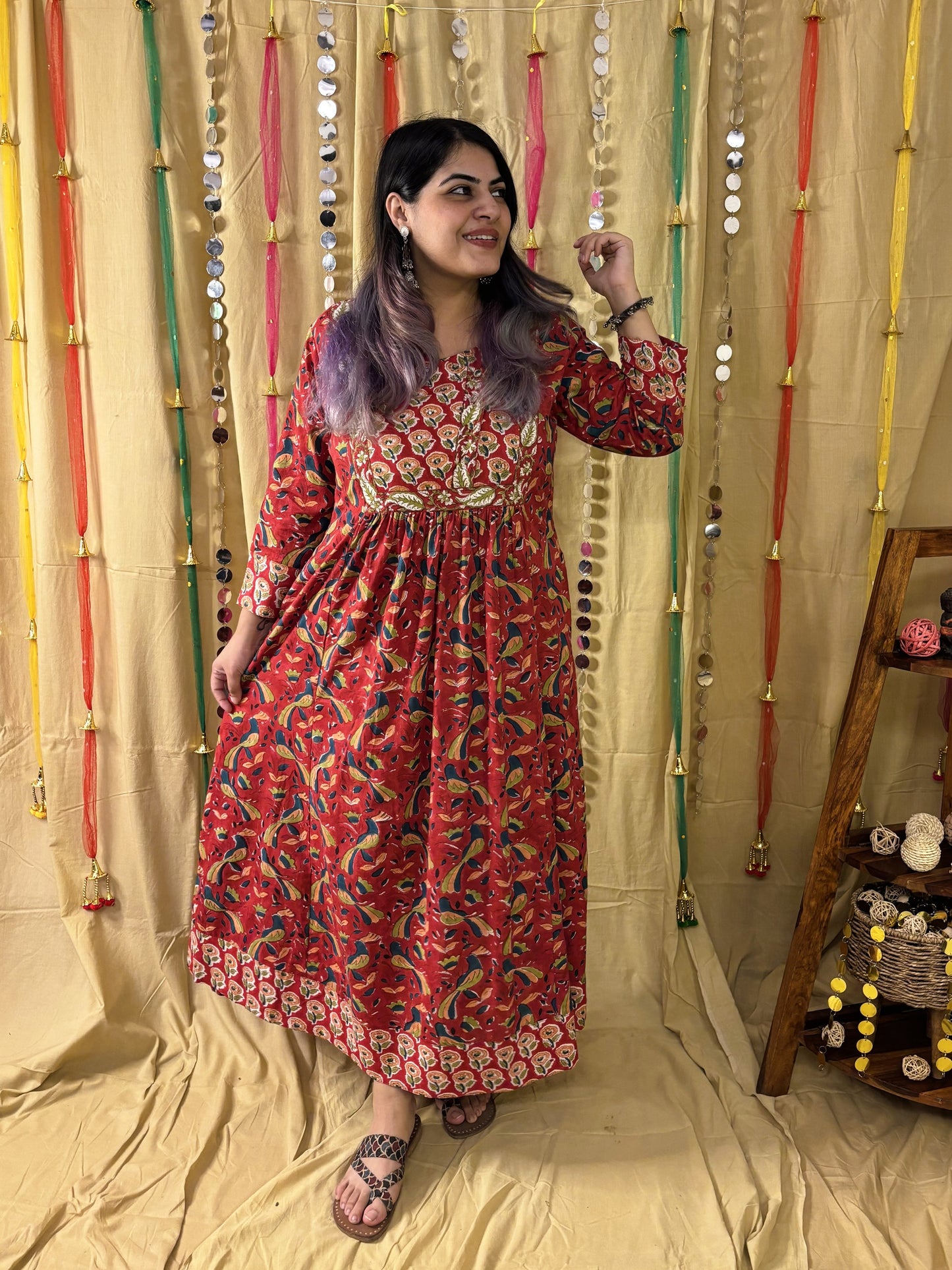 Suhani Hand Block Printed Patch Flared Maxi Dress with Hand Embroidery