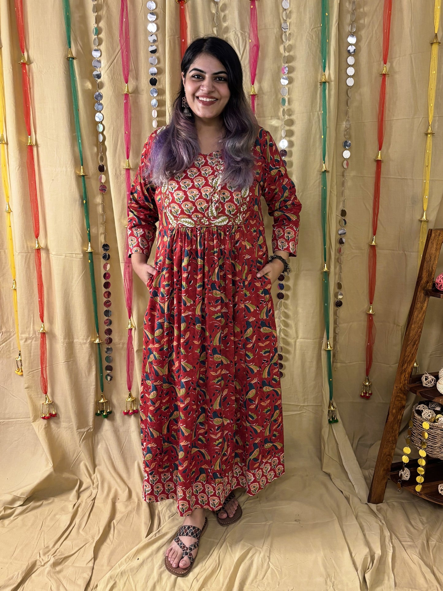 Suhani Hand Block Printed Patch Flared Maxi Dress with Hand Embroidery