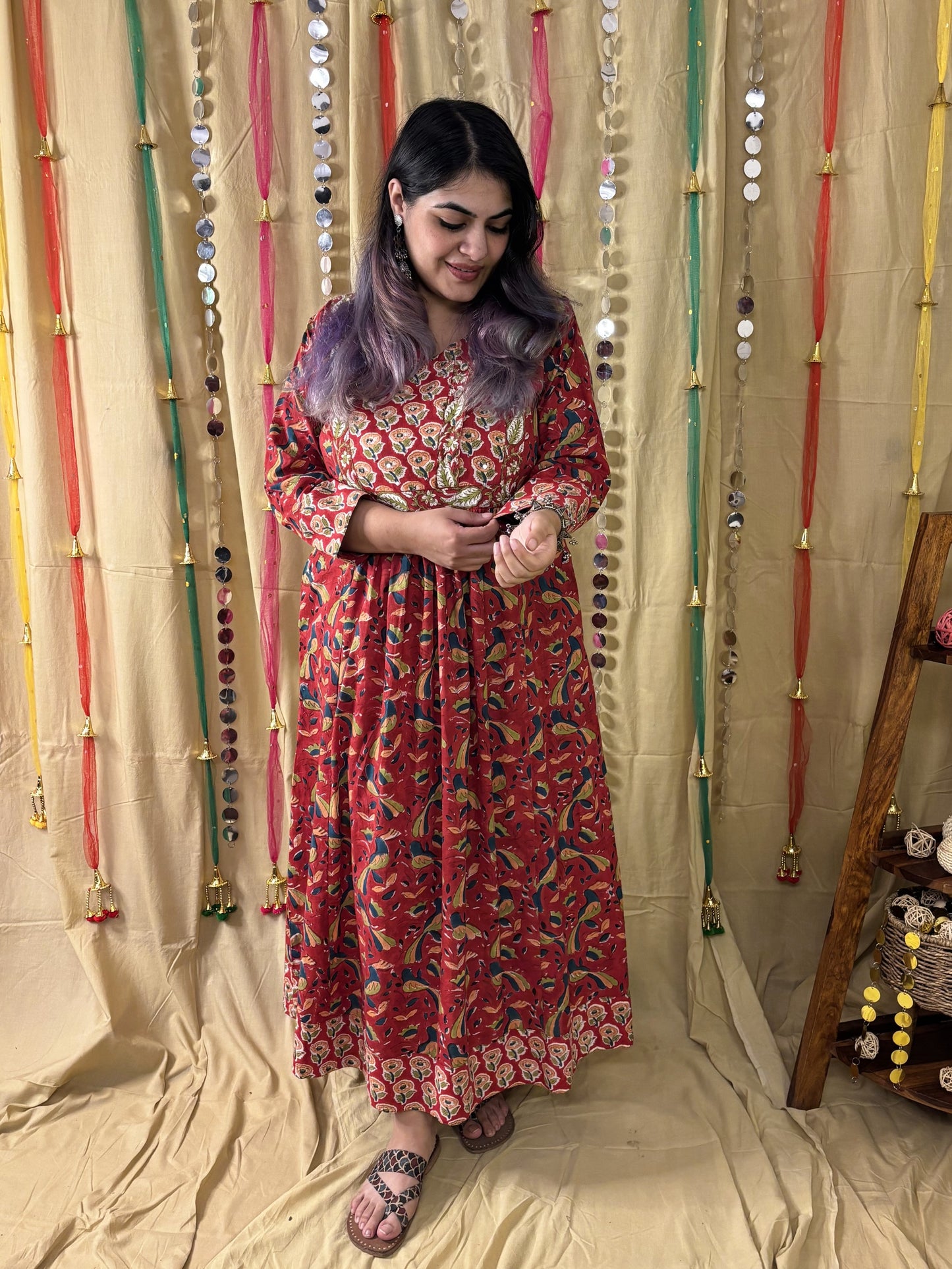 Suhani Hand Block Printed Patch Flared Maxi Dress with Hand Embroidery