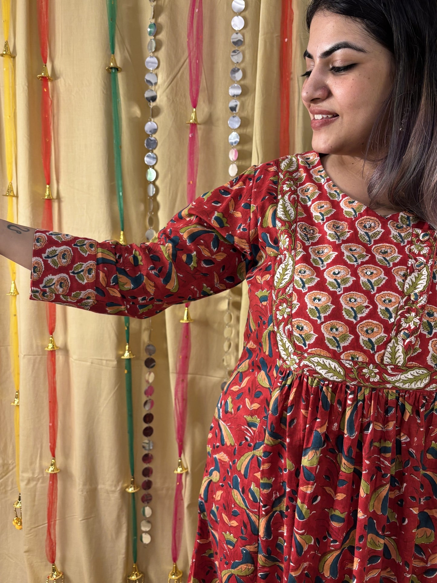 Suhani Hand Block Printed Patch Flared Maxi Dress with Hand Embroidery