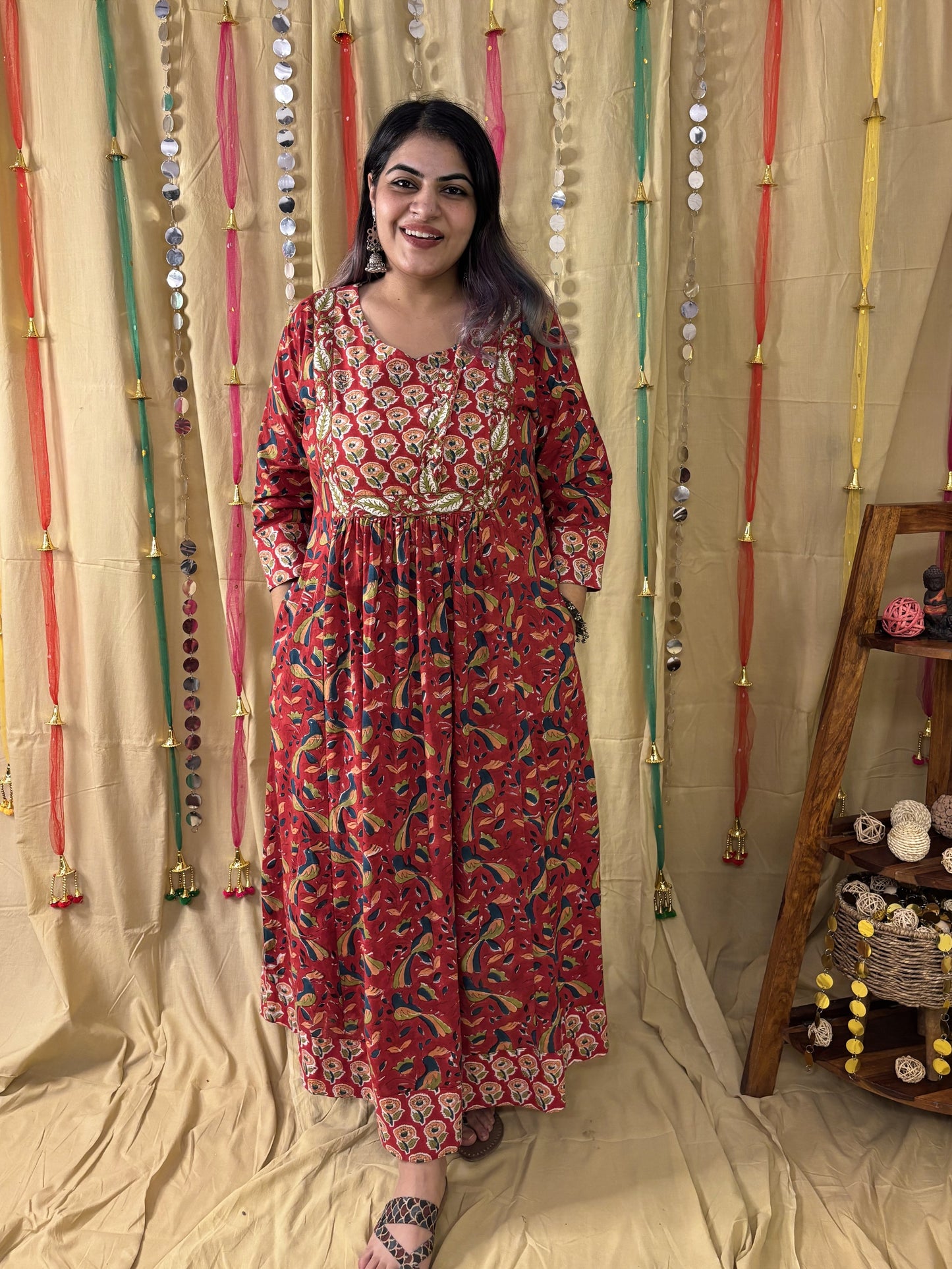 Suhani Hand Block Printed Patch Flared Maxi Dress with Hand Embroidery