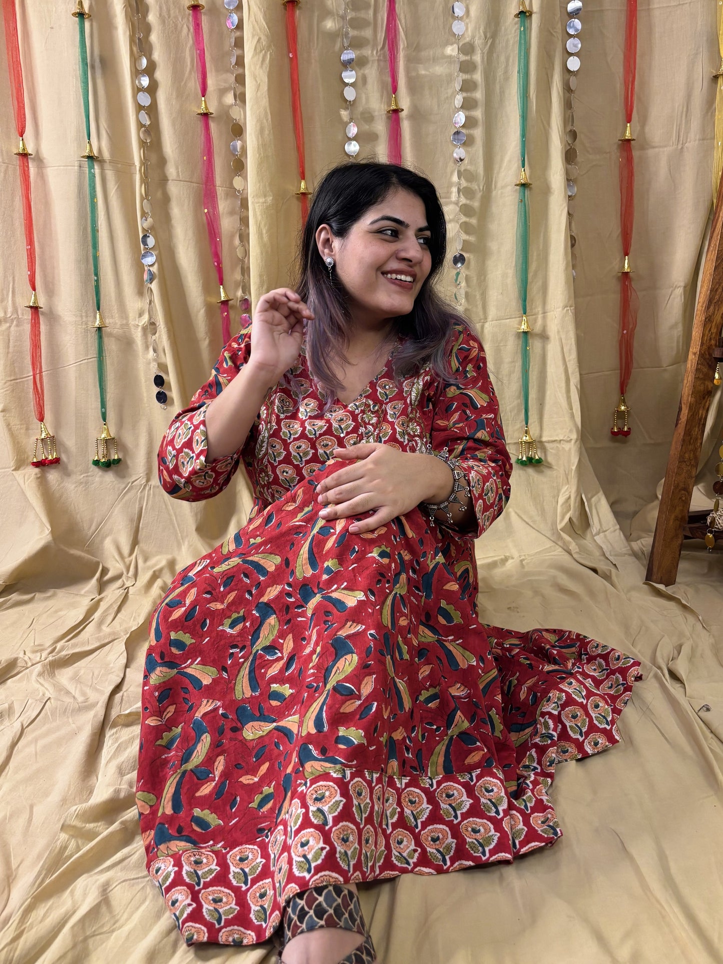 Suhani Hand Block Printed Patch Flared Maxi Dress with Hand Embroidery