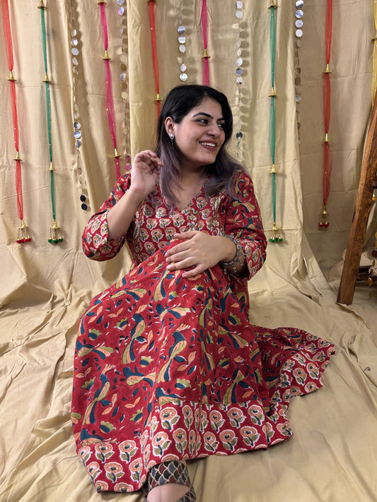 Suhani Hand Block Printed Patch Flared Maxi Dress with Hand Embroidery