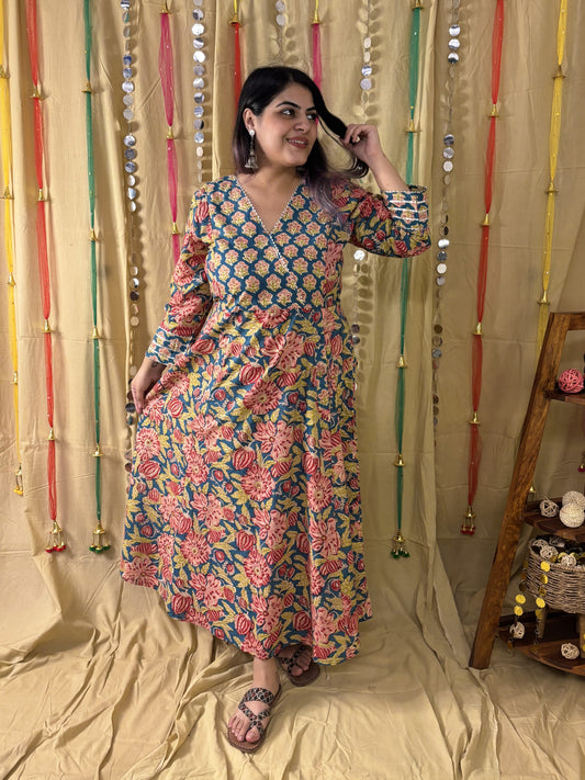 Aarzu Hand Block Printed A Line Maxi Patch Dress with Hand Embroidery