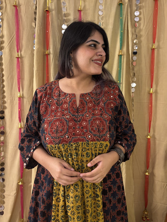 Saher Ajrakh Midi Dress with Hand Embroidery Detailing