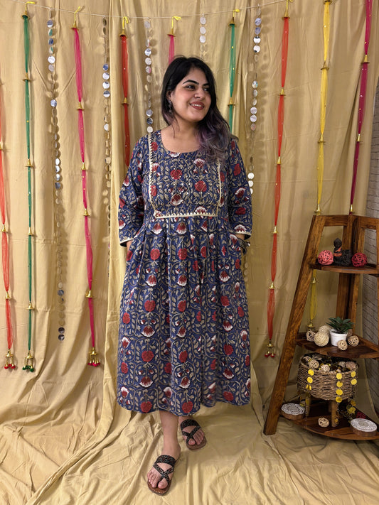 Ziya Hand Block Printed Midi Dress with Embroidered Neckline & Gota Detailing