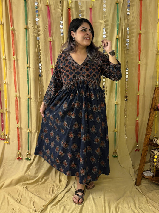 Falak Ajrakh Hand Block Printed Nyra Cut Dress