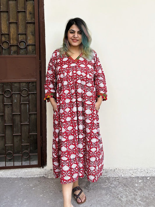 Anaar Hand Block Printed Flared Midi Dress with Tassels