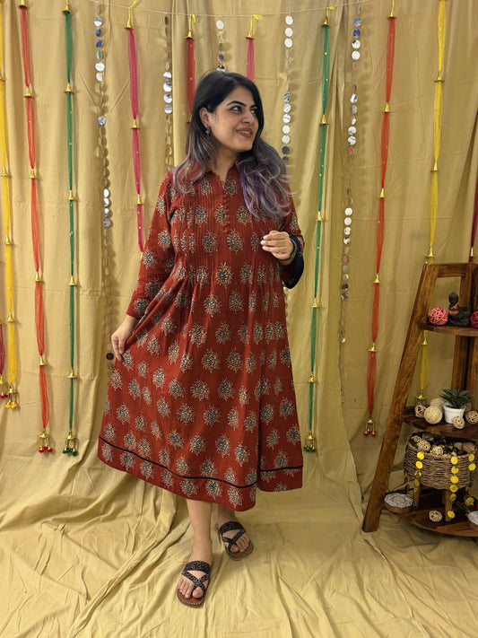Roohi Hand Block Printed Midi Dress with Pintuck Detailing