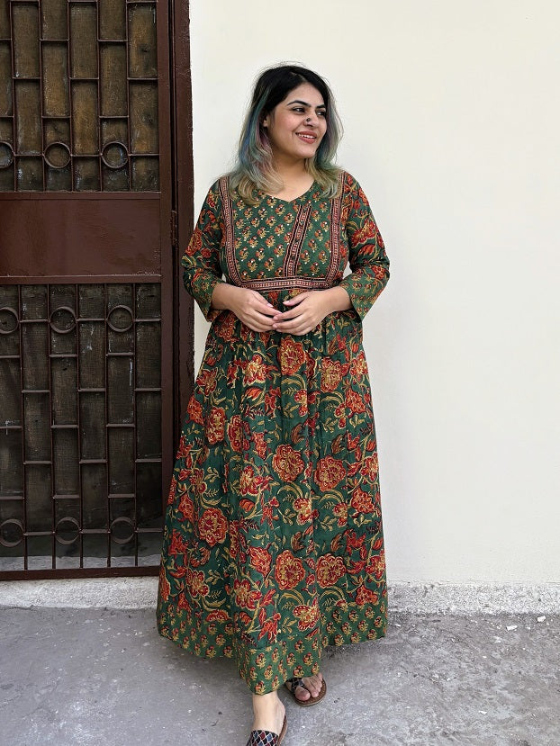 Meher Hand Block Printed Patch Flared Maxi Dress