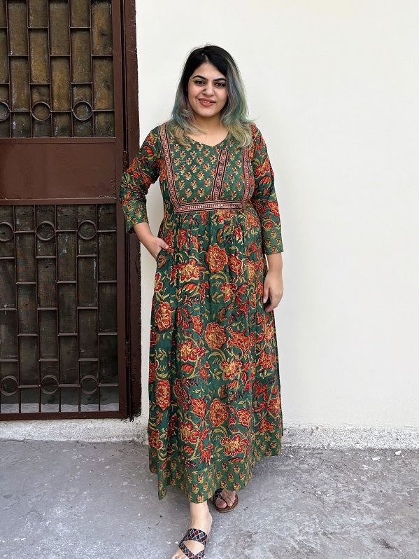 Meher Hand Block Printed Patch Flared Maxi Dress