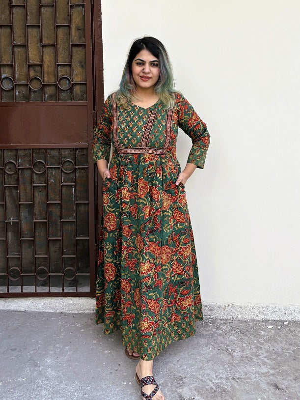 Meher Hand Block Printed Patch Flared Maxi Dress