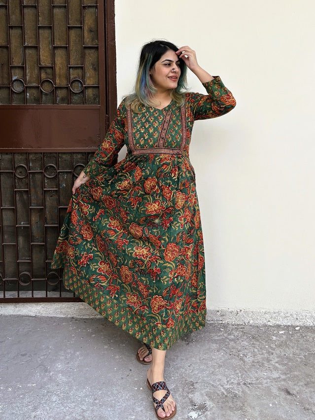 Meher Hand Block Printed Patch Flared Maxi Dress