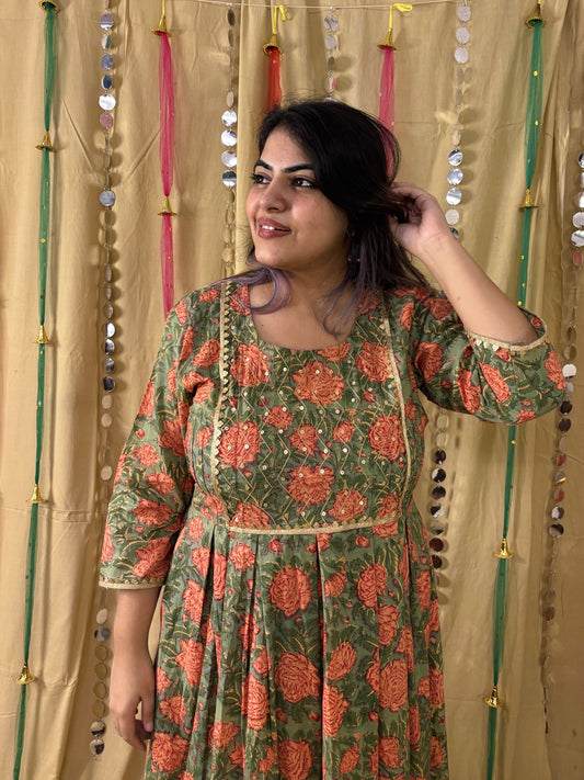Gulzar Hand Block Printed Midi Dress with Embroidered Neckline & Gota Detailing