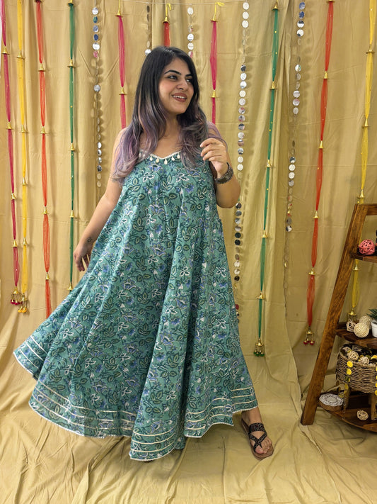 Harita Hand Block Printed Flared Jumpsuit with Gota Detailing