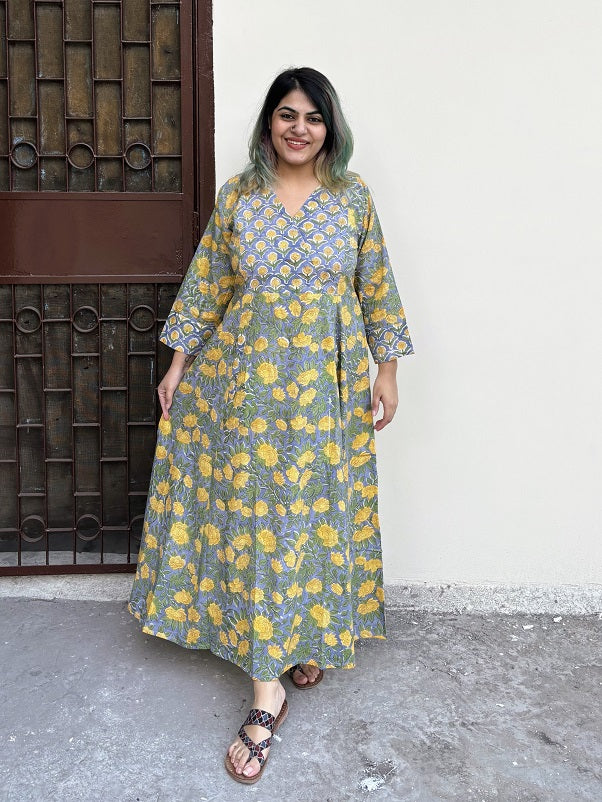 Abani Hand Block Printed A Line Maxi Patch Dress