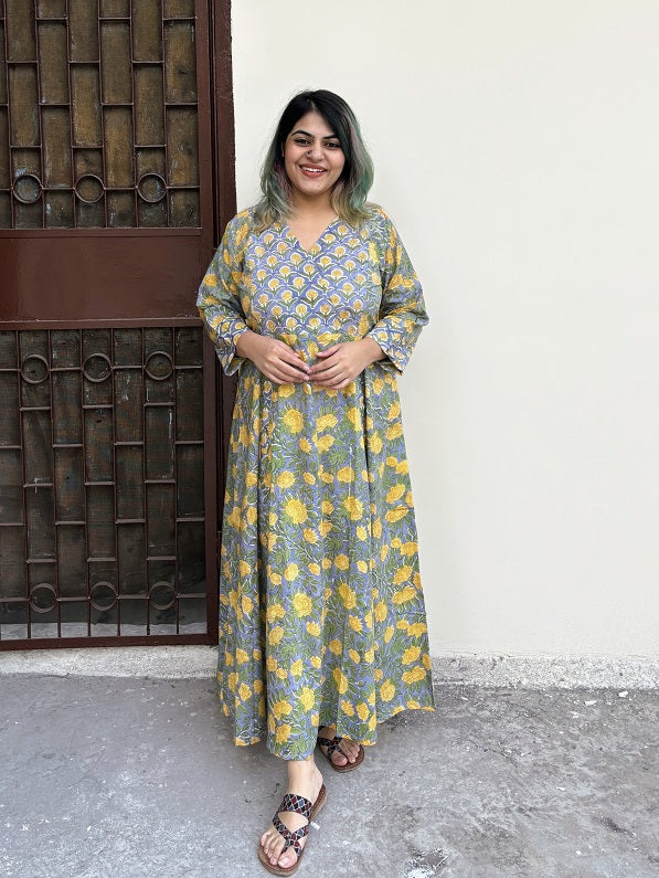 Abani Hand Block Printed A Line Maxi Patch Dress