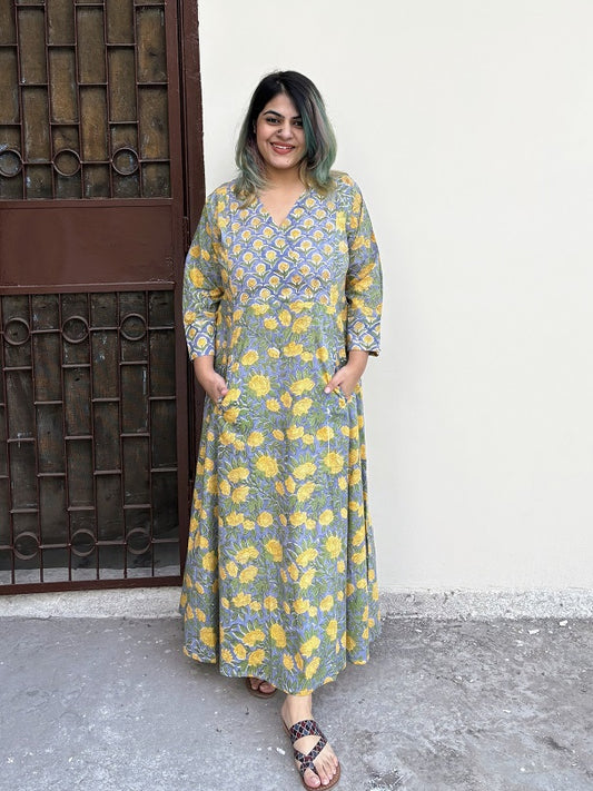 Abani Hand Block Printed A Line Maxi Patch Dress