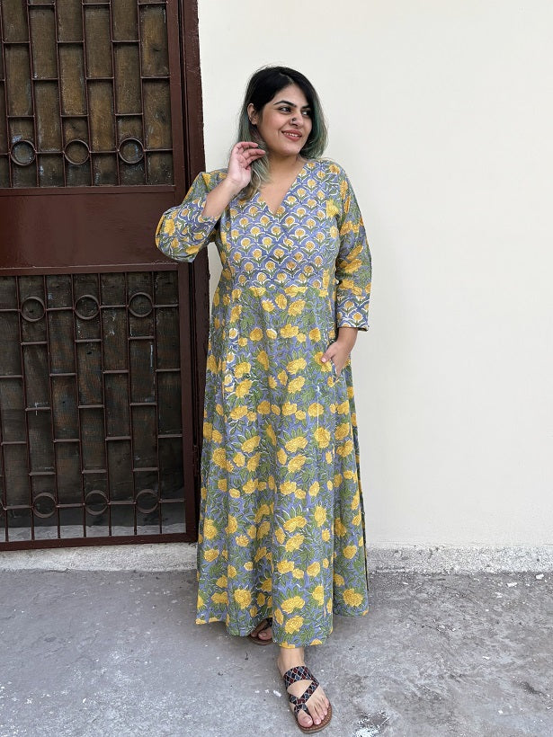 Abani Hand Block Printed A Line Maxi Patch Dress