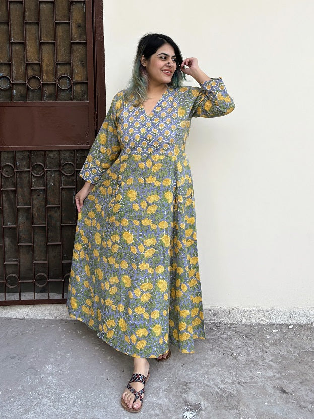 Abani Hand Block Printed A Line Maxi Patch Dress