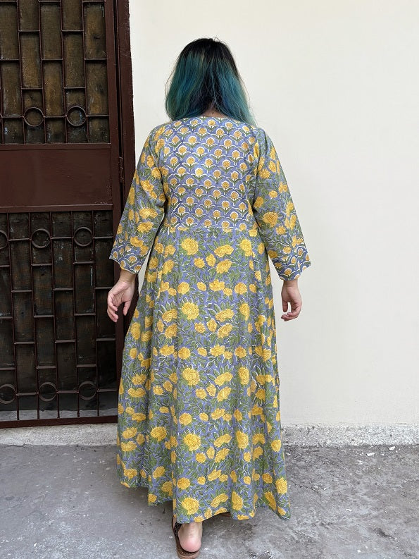 Abani Hand Block Printed A Line Maxi Patch Dress