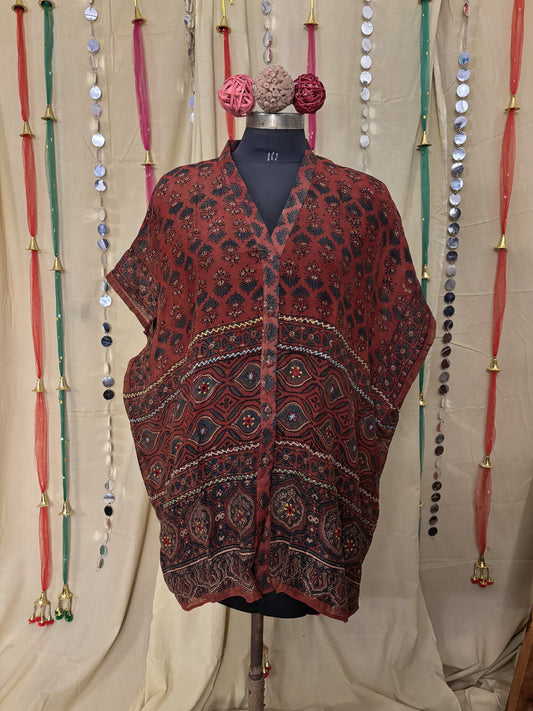 Red Ajrakh Chanderi Shirt Kaftan with Hand Embroidery